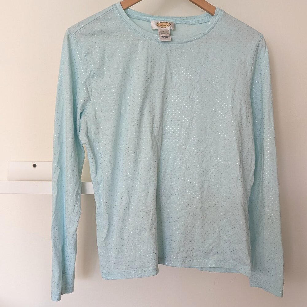 Talbots 100% Cotton Long Sleeve Metallic Polka Dot Tee Shirt Womens L Light Blue